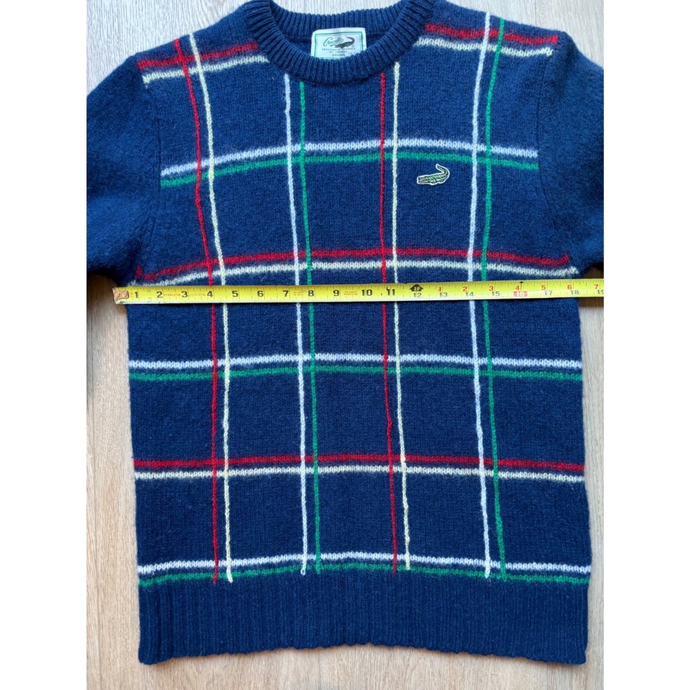 Vintage Crocodile Original Navy Blue 100% Wool Windowpane Plaid Crewneck Sweater - Picture 6 of 10